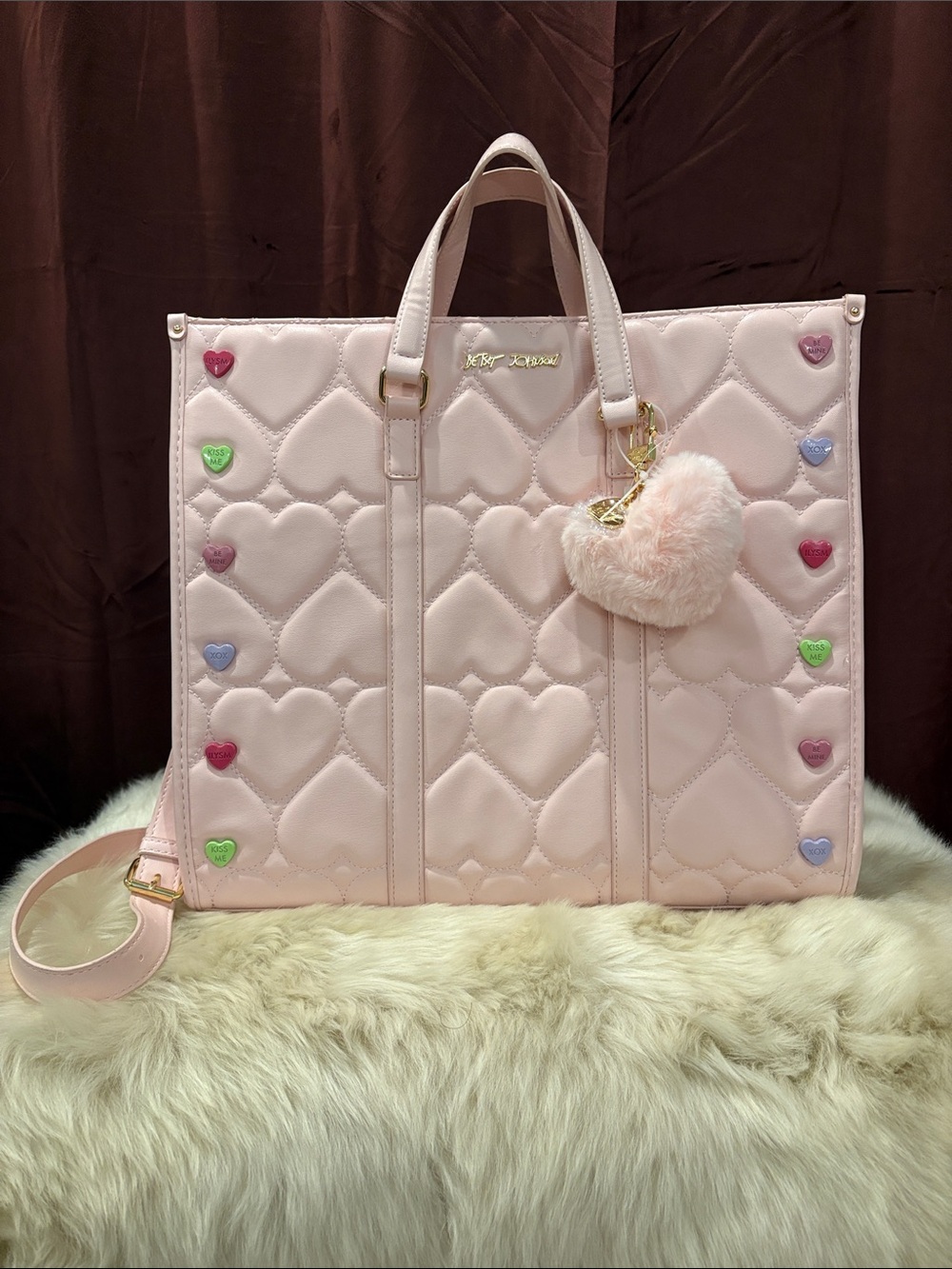 Betsey Johnson Pink Heart Tote with Plush Charm NWT